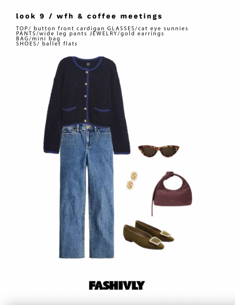 Look 8 from my Fashivly style guide shows a wide leg jean styled with a navy lady jacket, olive corduroy glats, a burguny handbag from STAUD, small gold hoops, and tortoise cat eye sunglasses